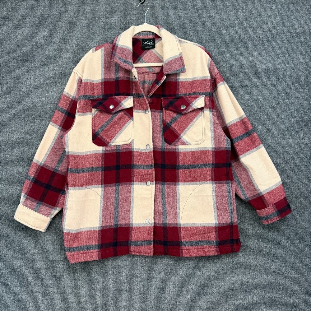 HFX Womens Shacket Plaid Shirt Jacket Size M Burgundy Oversized Snap Front